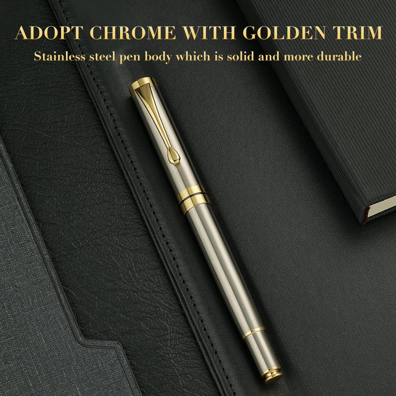 BEILUNER Ballpoint Pens, Stunning Silver Chrome Metal Pen with Golden Trim, Best Ball Pen Gift Set for Men & Women, Professional, Executive, Office, Nice Pens-Gift Box with 0.5mm Extra Black Refill - Image 3